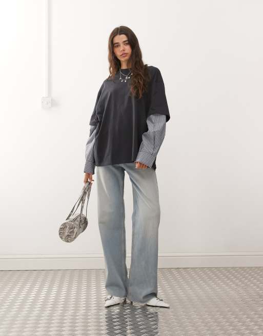 Lioness – Langärmliges 2-in-1-Hemd in Anthrazit gestreift mit T-Shirt-Overlay mit Oversize-Schnitt, 4 von 4