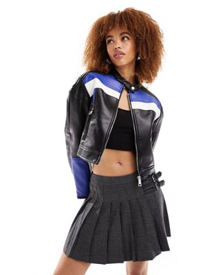 Shop Lioness Leather Look Biker Jacket In Black And Blue Stripe-multi