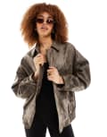 [Lioness] Lioness leather look bomber jacket in distressed brown XXS Chocolate