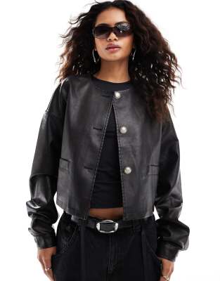 Lioness leather look collarless bomber jacket in black