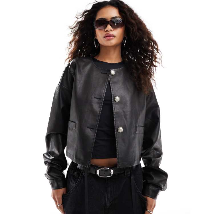 Lioness leather look collarless bomber jacket in black ASOS