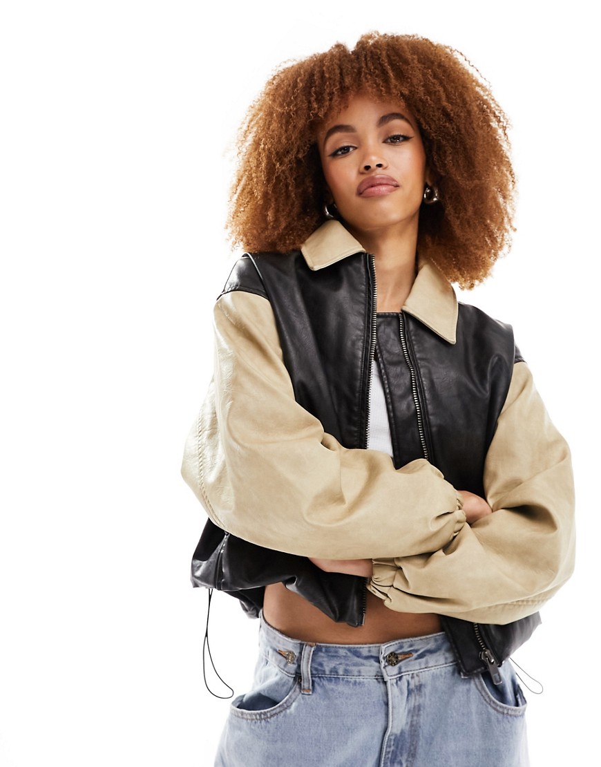 Lioness leather look contrast bomber jacket in black and camel-Neutral