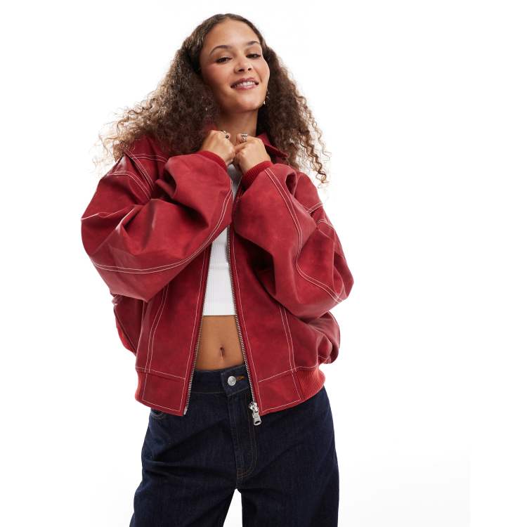 Lioness leather look contrast stitch bomber jacket in washed red ASOS