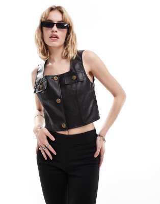 Lioness leather look square neck button through top in black - view 1