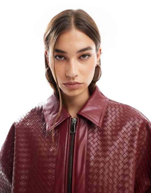 Lioness leather look weave detail bomber jacket in burgundy ASOS