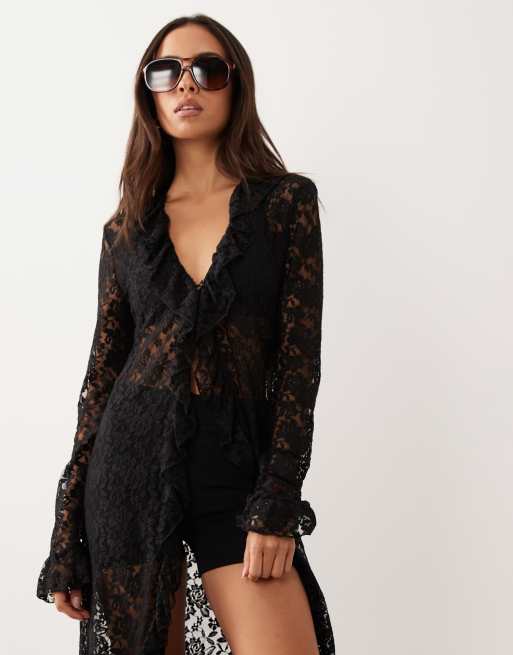 Lioness – Long Nights – Czarny top typu kimono z prześwitującej koronki, 2 z 4