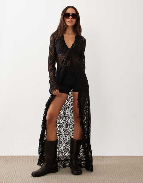 Lioness - Long Nights - Top kimono en dentelle transparente - Noir - view 1