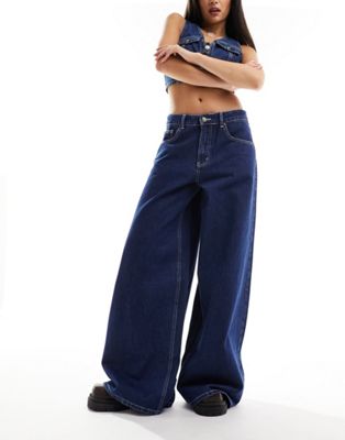 Shop Lioness Low Rise Baggy Jeans In Indigo Wash-navy