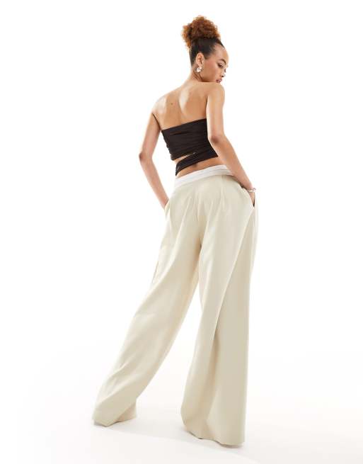 Lioness low rise tailored contrast waistband pants in beige, 3 of 5