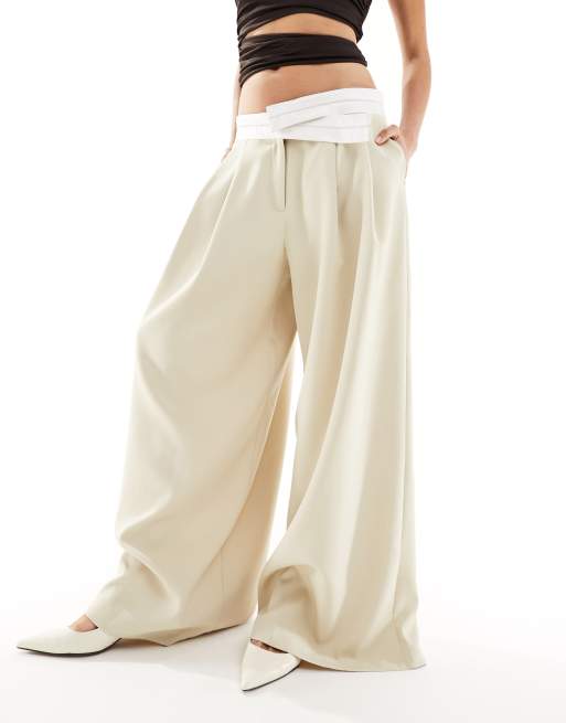Lioness low rise tailored contrast waistband pants in beige, 5 of 5