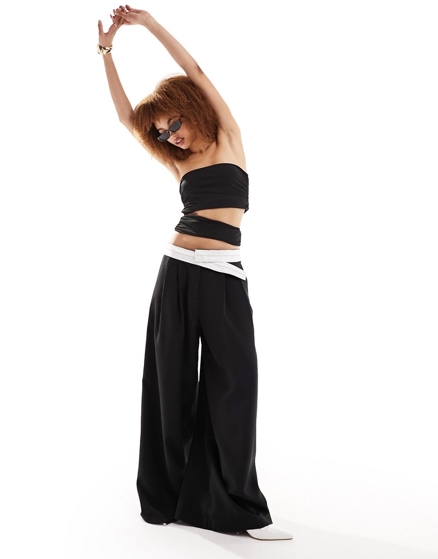 Lioness low rise tailored contrast waistband trousers in black