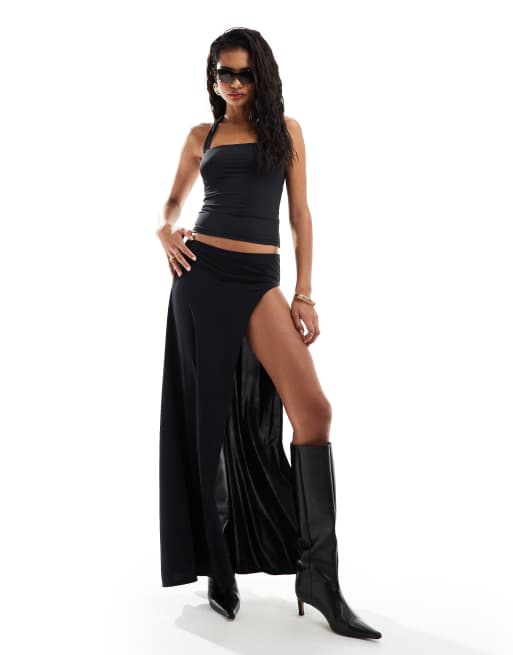 Lioness low rise thigh split maxi skirt in black - part of a set