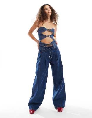 Lioness low rise tie detail baggy pleat front jeans co-ord in dark blue wash-Brown φωτογραφία