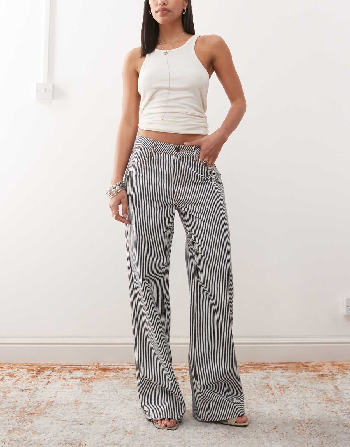 Lioness low rise wide leg jeans in blue and white stripe