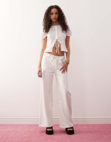 Lioness low rise wide leg tie detail jeans in white (part of a set) - view 1