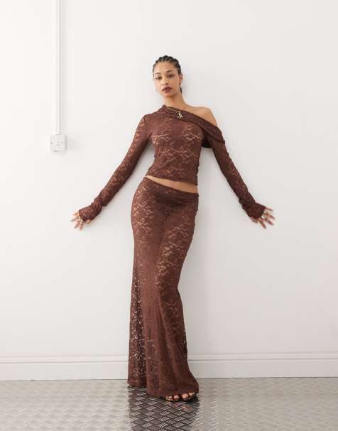 Lioness low waisted lace maxi skirt in chocolate brown - part of a set - view 1