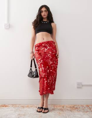 Lioness Low Waisted Paillette Sequined Midaxi Skirt In Red