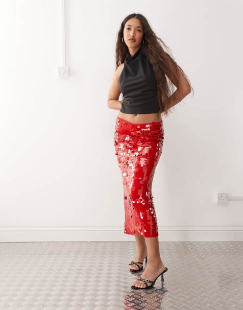 Lioness low waisted paillette sequined midaxi skirt in red - view 1