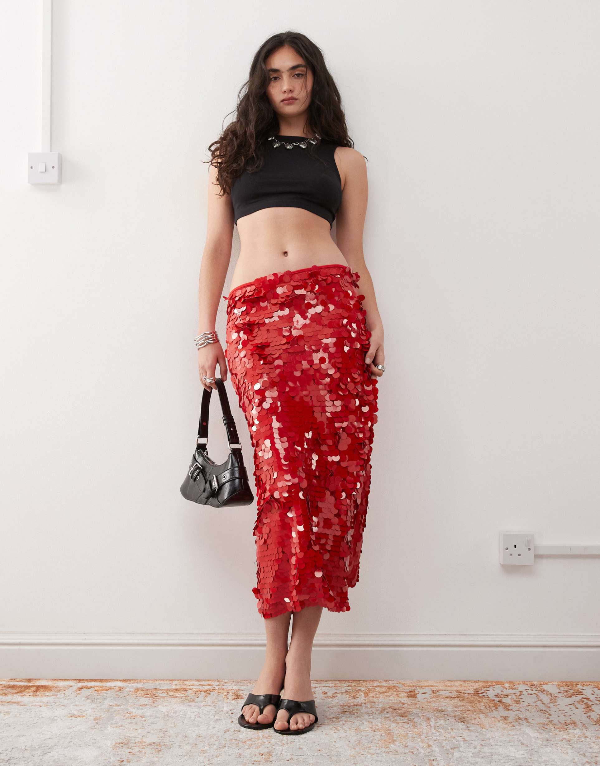 lioness low waisted paillette sequined midaxi skirt in red