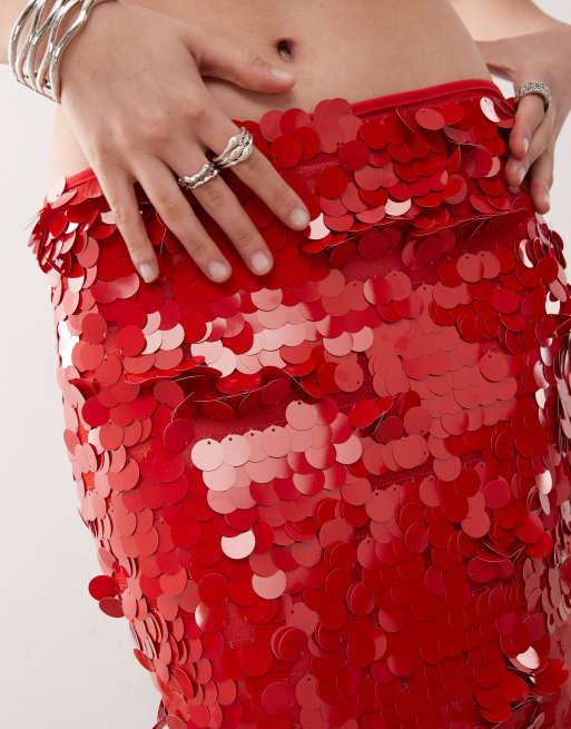 Lioness low waisted paillette sequined midaxi skirt in red