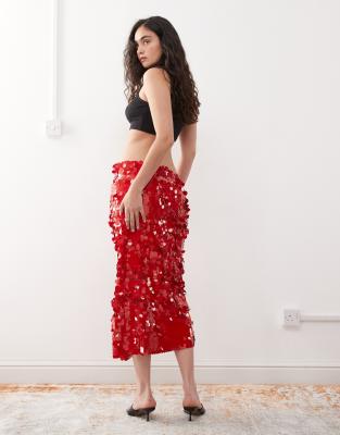 Lioness low waisted paillette sequined midaxi skirt in red