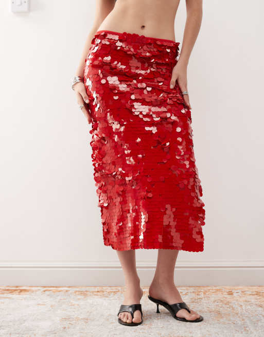 Lioness low waisted paillette sequined midaxi skirt in red