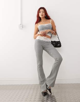 Lioness Lioness low waisted trouser co-ord with lace trim in mono gingham-Multi