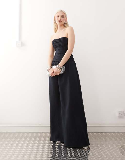 Lioness – Lush – Trägerloses Maxikleid aus Leinenmix in Marineblau mit gerafftem Oberteil, 2 von 4