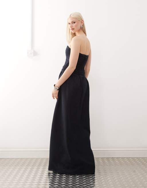 Lioness – Lush – Trägerloses Maxikleid aus Leinenmix in Marineblau mit gerafftem Oberteil, 4 von 4