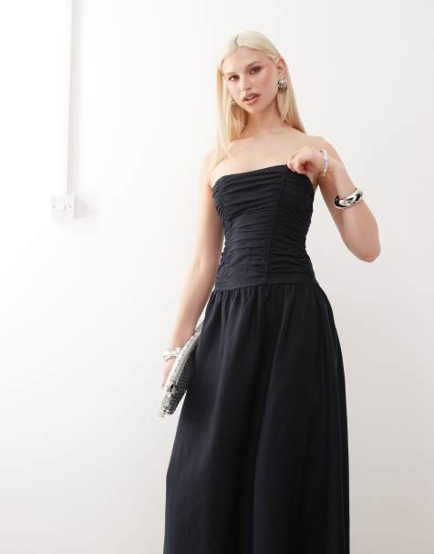Lioness - Lush - Vestito lungo in misto lino blu navy a fascia con corpino arricciato - view 1