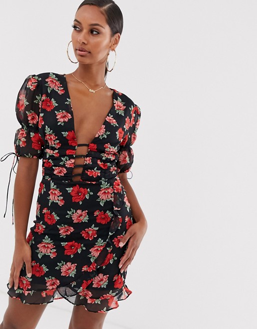 Lioness Madison plunge front mini dress in floral
