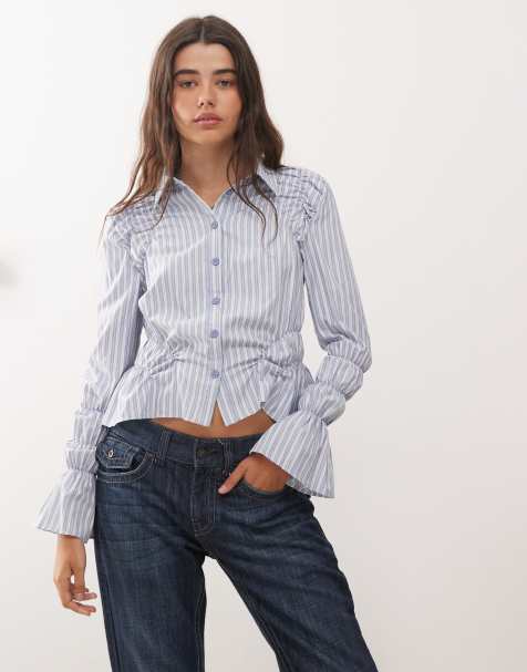 Lioness - Manor - Camicia corta blu a righe con maniche arricciate e bottoni - view 1