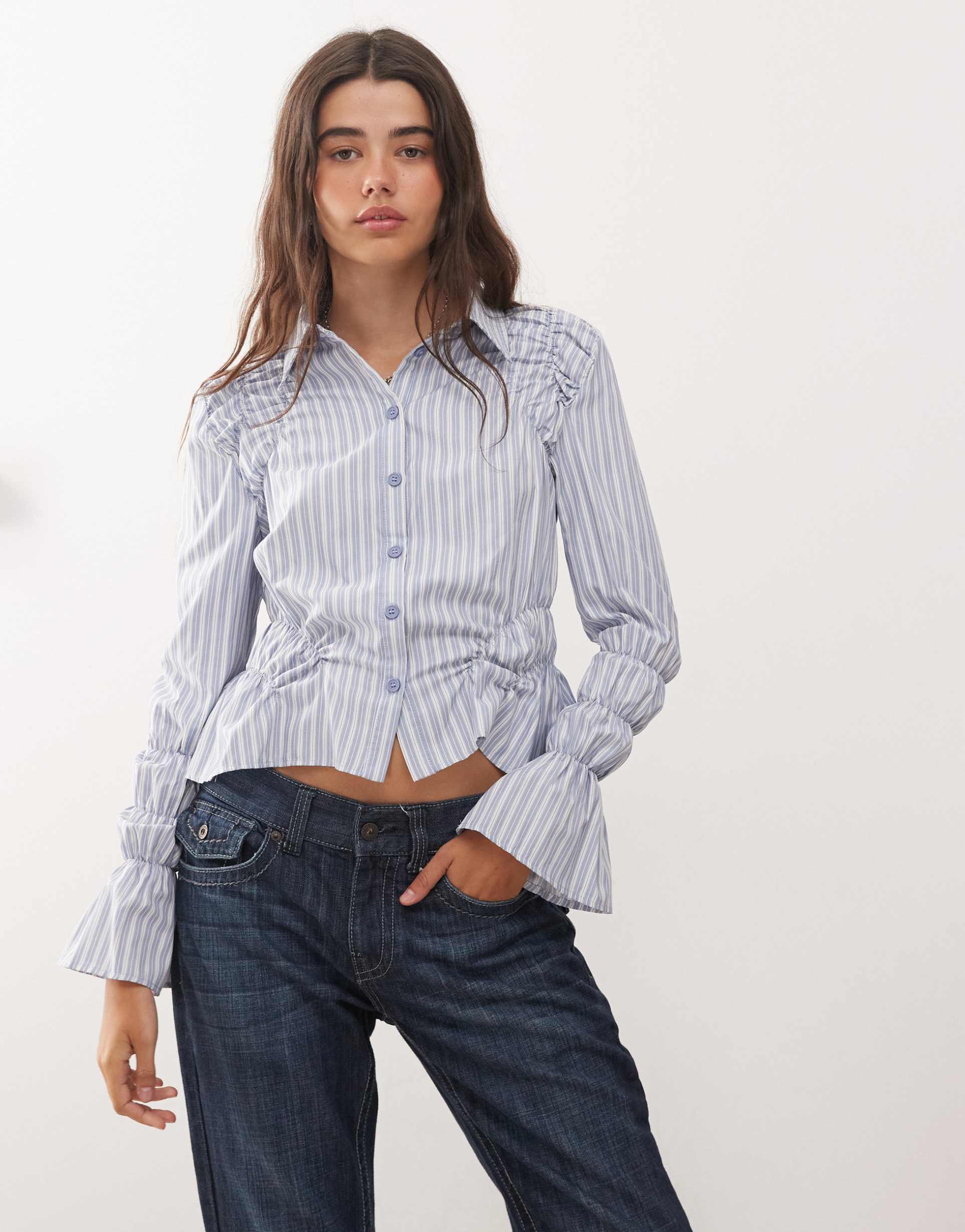 lioness manor shirred sleeve detail button front cropped shirt in blue stripe