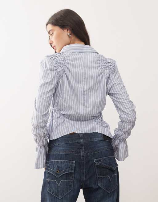 Lioness Manor shirred sleeve detail button front cropped shirt in blue stripe, 4 of 4