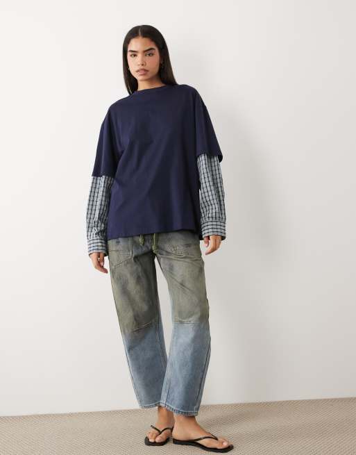 Lioness - Marineblå oversized 2-i-1-T-shirt med lange ternede skjorteærmer, 3 af 4