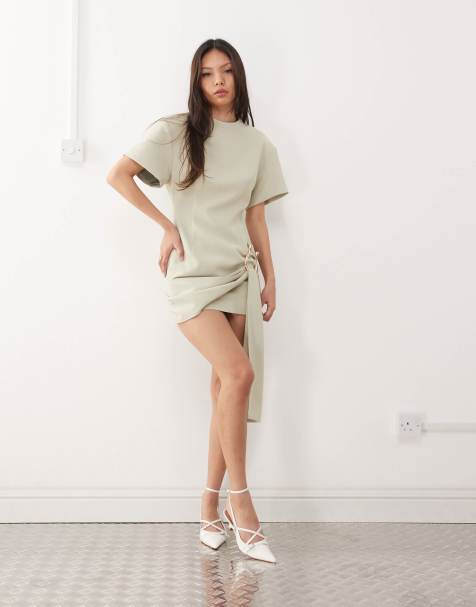 Lioness - Martini - Hoogsluitende mini jurk met structuur, gedrapeerde taille en hardware in matchagroen - view 1