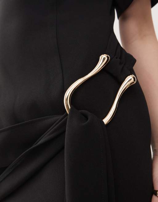 Lioness Martini structured high neck drape waist metal hardware detail mini dress in black, 3 of 4