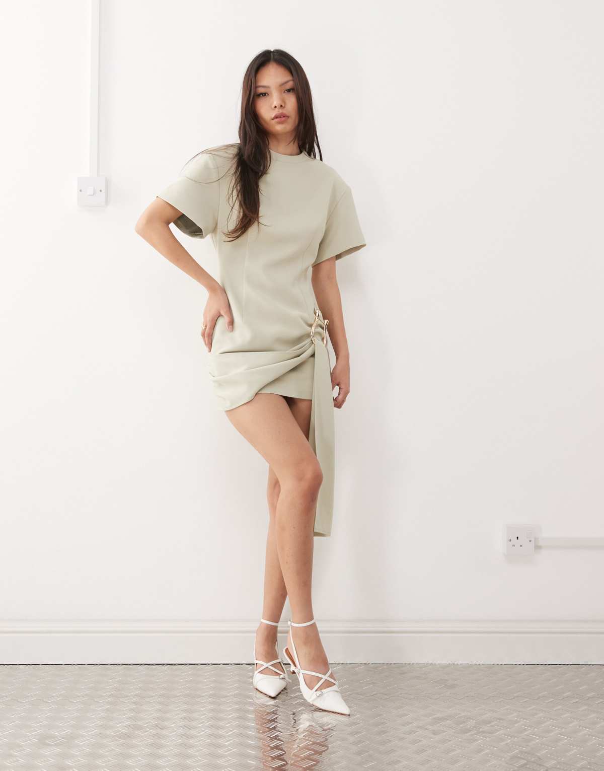 Lioness Martini structured high neck drape waist metal hardware detail mini dress in matcha green