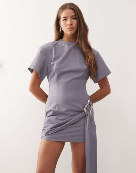 Lioness Martini structured high neck drape waist metal hardware detail mini dress in slate - view 1