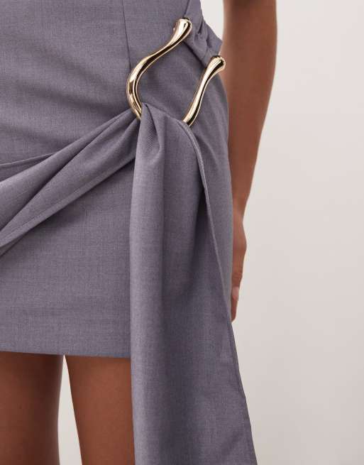 Lioness Martini structured high neck drape waist metal hardware detail mini dress in slate