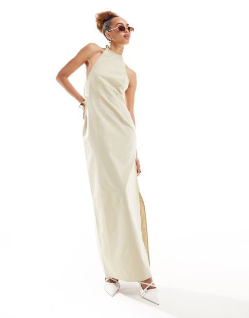 Lioness - Maxi jurk met halternek en lage achterkant in beige