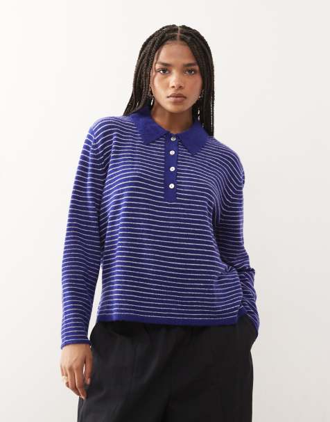 Lioness Mayfair knit collar detail boxy long sleeve polo sweater in blue stripes - view 1