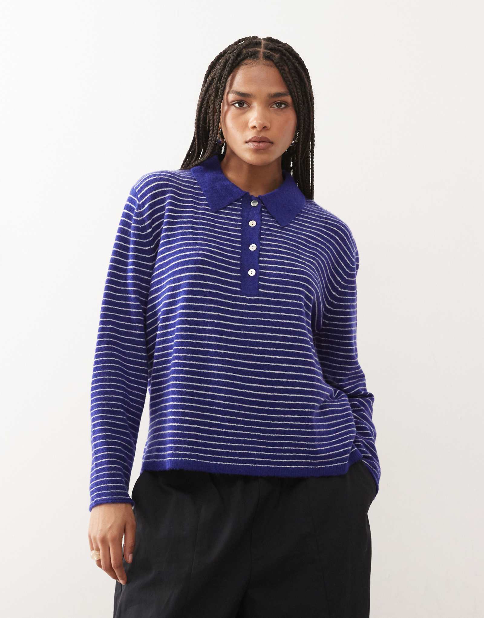 Облегающий свитер поло с длинными рукавами и вязаным воротником Lioness Mayfair в синюю полоску