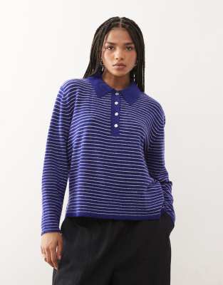 Lioness Mayfair Knitted Collar Detail Boxy Long Sleeve Polo Jumper In Blue
