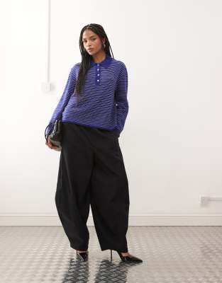 Lioness Mayfair Knitted Collar Detail Boxy Long Sleeve Polo Jumper In Blue