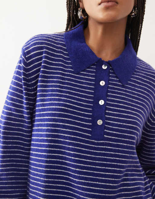 Lioness – Mayfair – Langärmliger Boxy-Fit-Strickpullover in Blau mit Streifen und Polokragen, 3 von 4