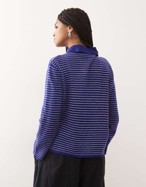 Lioness - Mayfair - Pull coupe carrée à rayures avec manches longues et col en maille - Bleu, 4 de 4