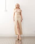 [Lioness] Lioness Meadow linen blend knot strap detail plunge neck button through maxi dress in beige-Neutral XS BEIGEWHEAT