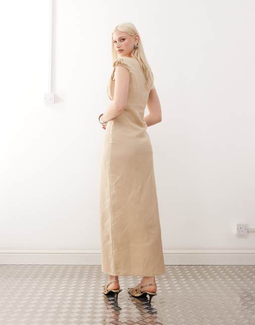 Lioness Meadow linen blend knot strap detail plunge neck button through maxi dress in beige, 3 of 4
