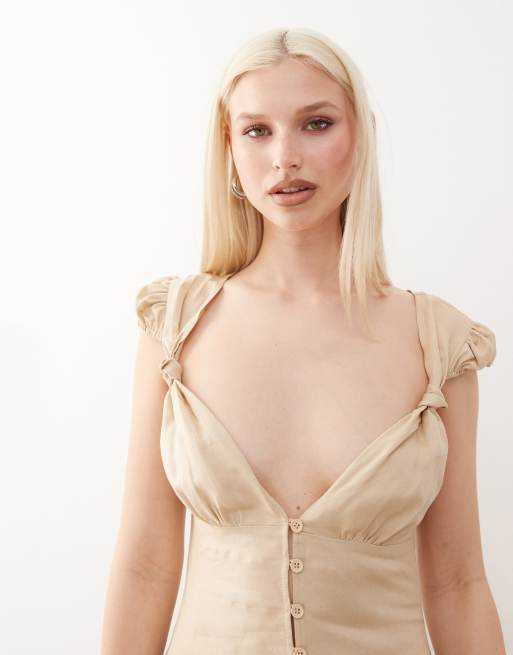 Lioness Meadow linen blend knot strap detail plunge neck button through maxi dress in beige, 4 of 4